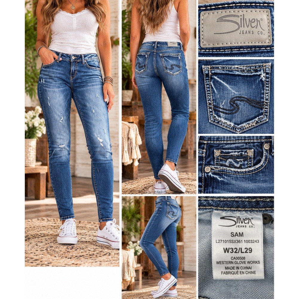 Silver Jeans Co Sam Mid Rise Slim Leg Distressed Jeans Blue W32 L29 L27101SSX361